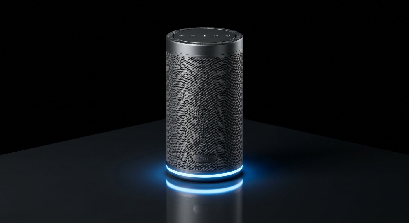Умная колонка Nova Home 2 графитового цвета с синей кольцевой подсветкой на чёрном фоне